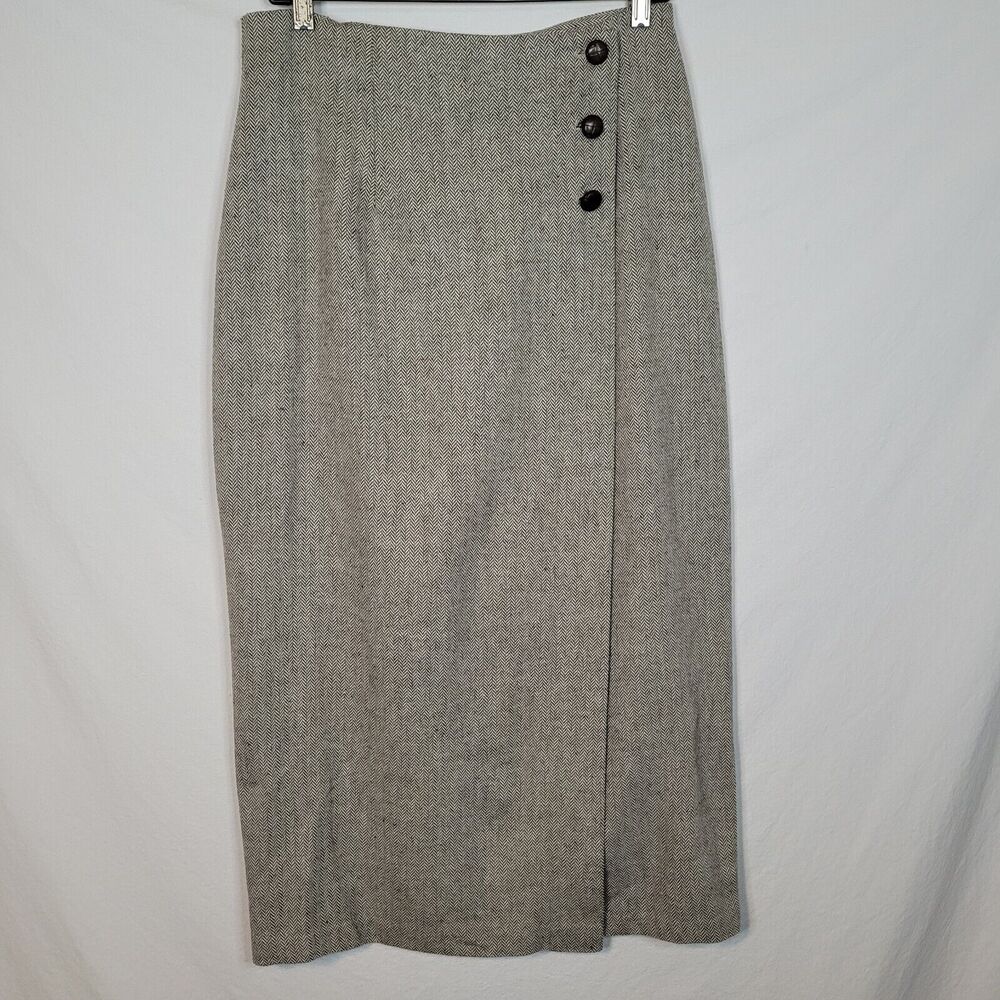 MJ Carroll Herringbone Tweed Button Wrap Classic Midi Skirt Wool Blend Size 12